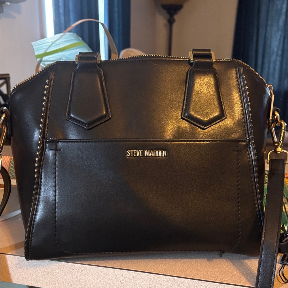 Steve Madden Black Crossbody Satchel with Gold Hardware